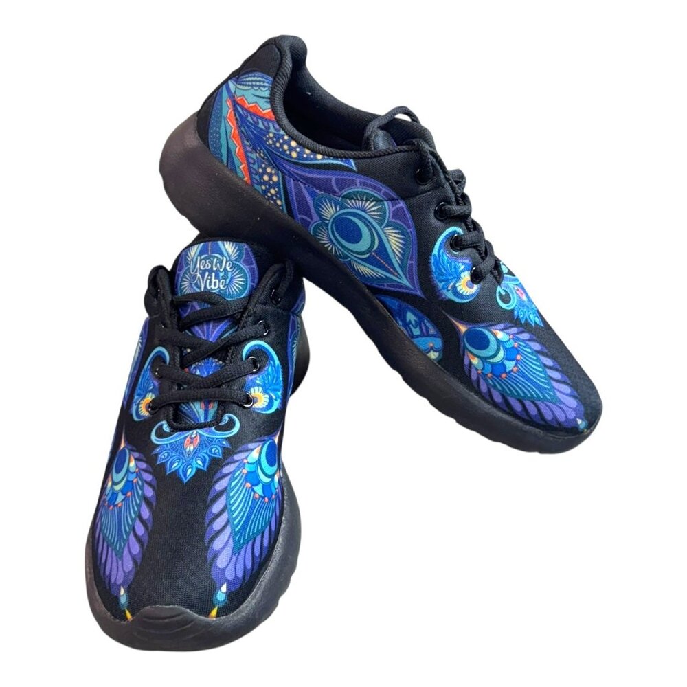 Yes We Vibe Womens Blue Peacock Print Sneakers Size 9 Yin Yang Lightweight Shoes